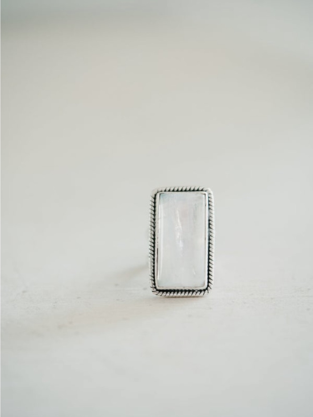 Teagan Moonstone Stone Silver Rectangle Ring - Classic Rope-Edge Design